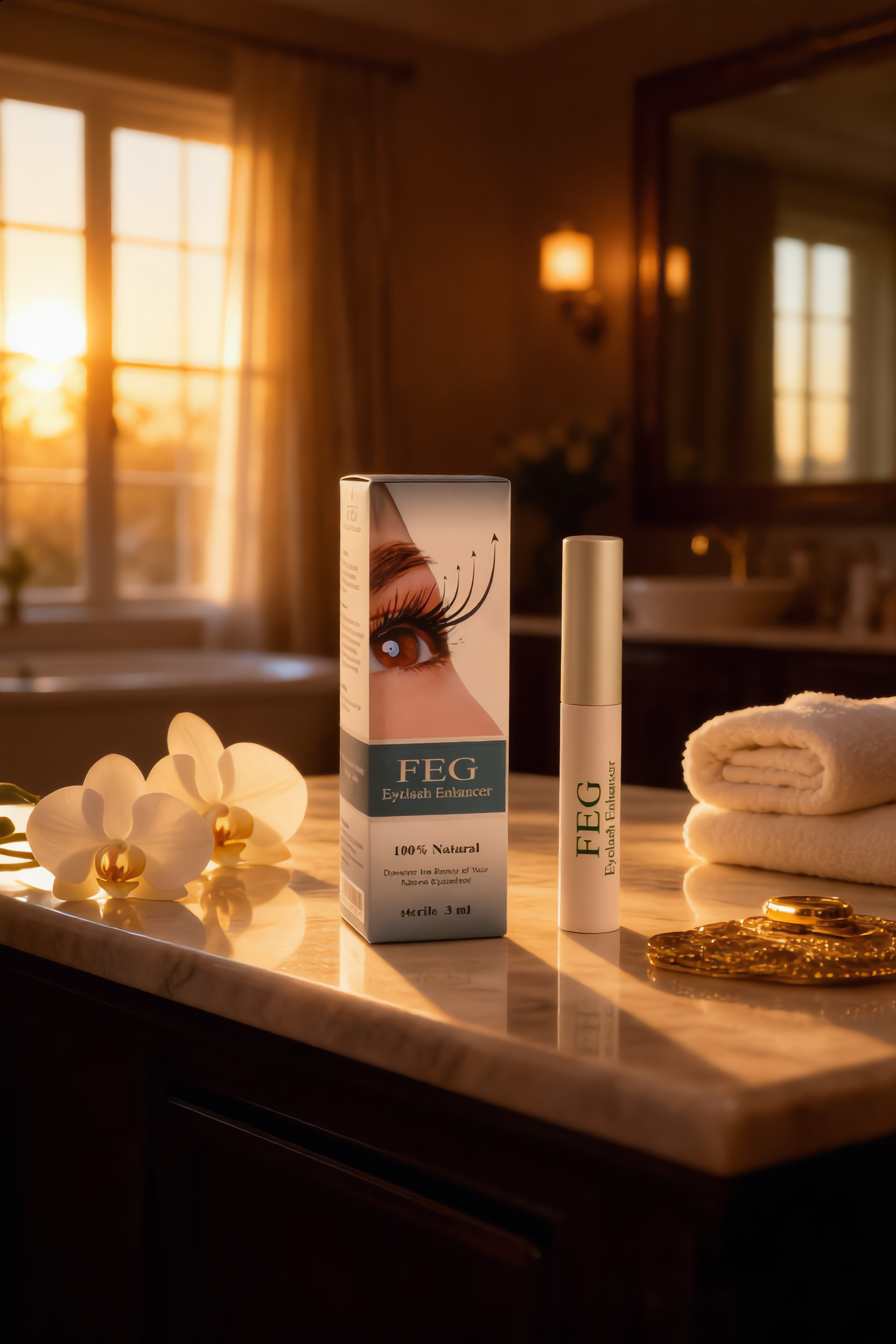 FEG Eyelash Enhancer sobre mármol al atardecer